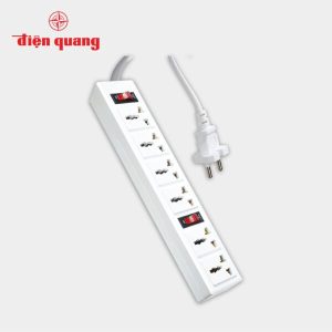Ổ cắm Điện Quang ĐQ 003A-04 – 6 lỗ 3 chấu chịu nhiệt – 2 công tắc – dây dài 2m